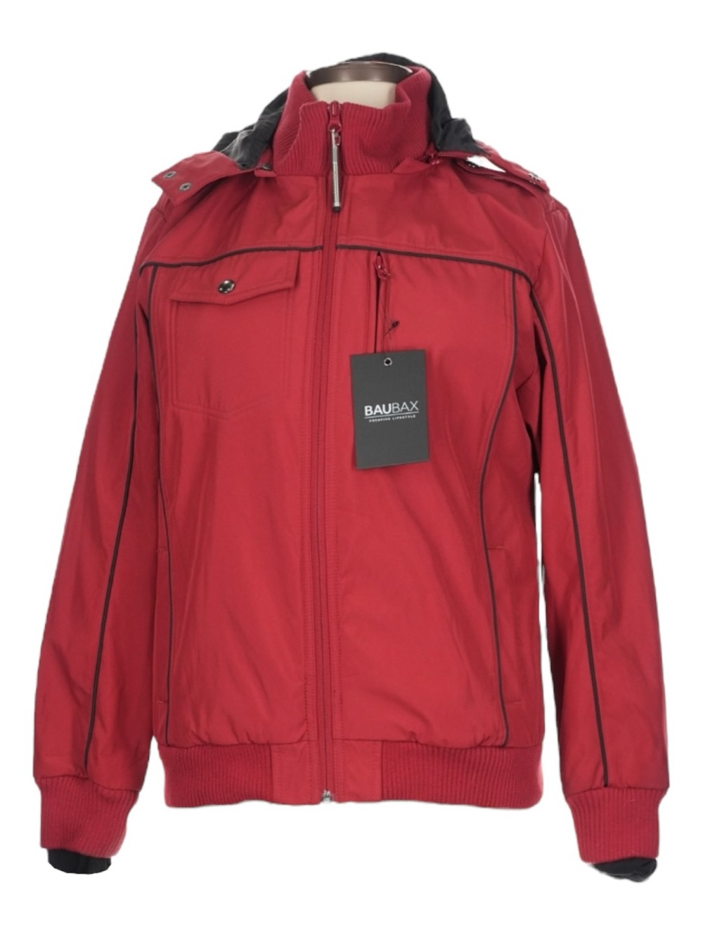 BauBax Travel Jacket Bomber Red Hooded Tech Utility Coat L NWT Thumbhole